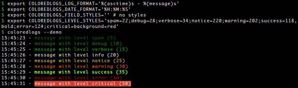 Screen shot of colored logging with custom colors.