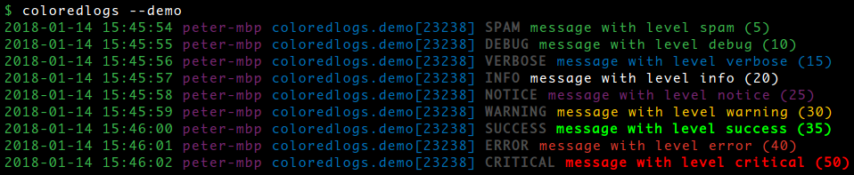 Screen shot of colored logging with defaults.